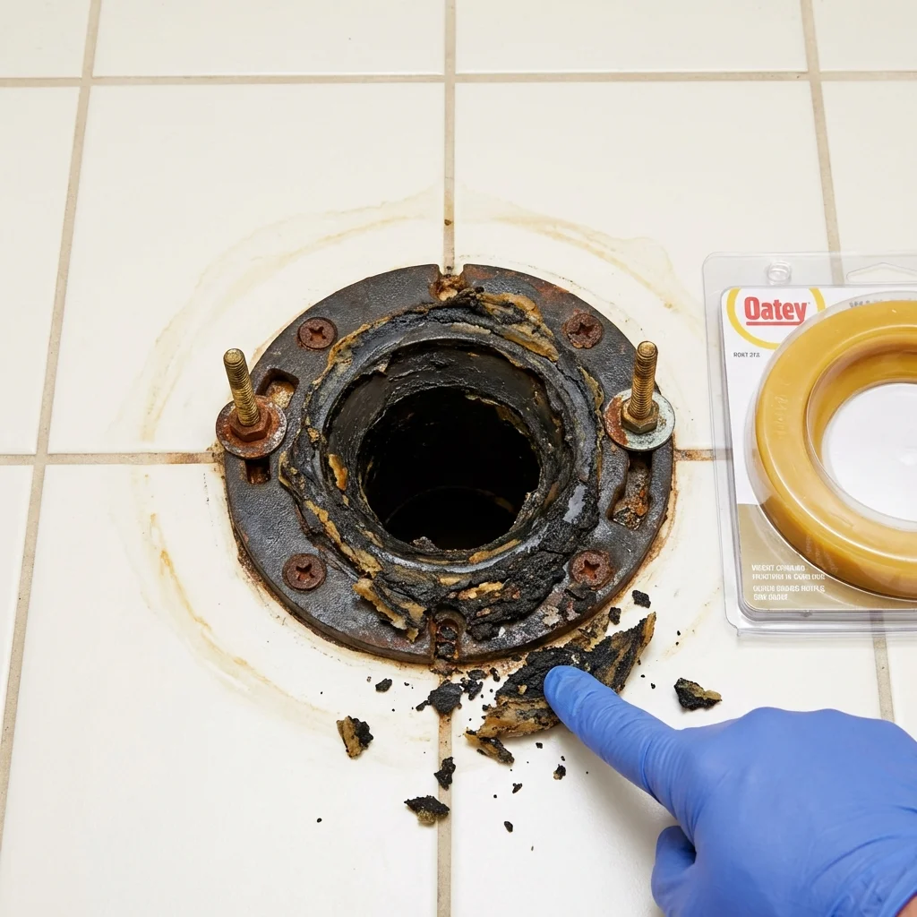 Failed wax ring showing water seepage at the base of a toilet in a Northwood, OH home