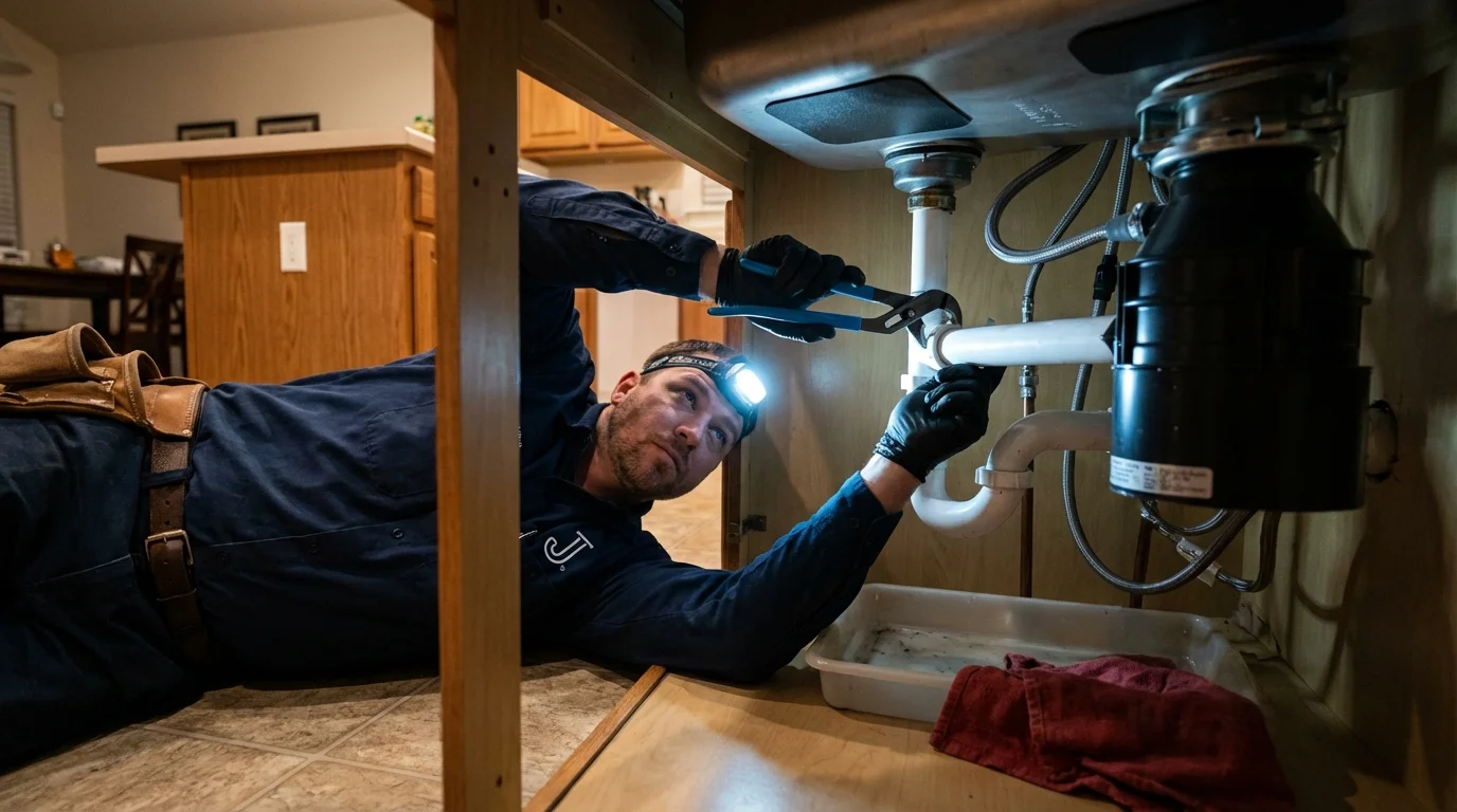 P-trap and supply line connections under a kitchen sink showing a common leak point in Northwood, OH